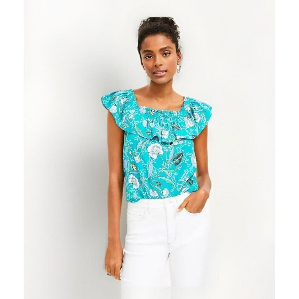 LOFT Floral Linen Blend Flutter Sleeve Square Neck Shell Top Womens Size Medium